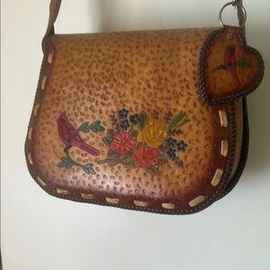 Hand Crafted Brown and Red Crossbody Bag with Floral Design